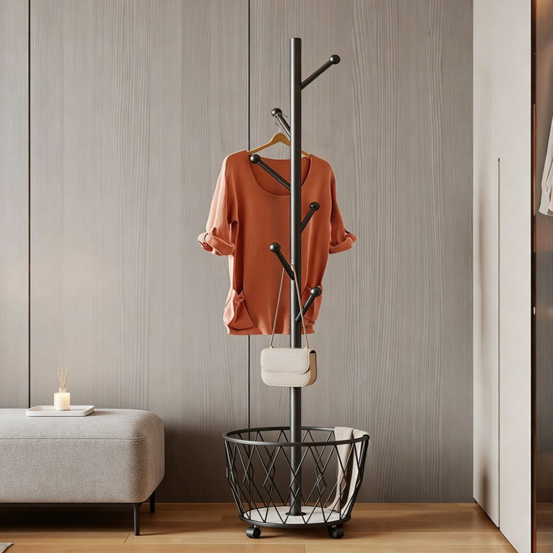 Portemanteau autoportant en métal avec panier, 6 crochets doubles, pivotant à 360 °, stable et mobile pour le vestibule, la chambre à coucher, le coin