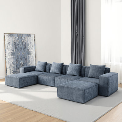 Modulaire qui peut être converti en lit surdimensionné, trois personnes grises avec repose-pieds, velours en velours côtelé, mousse à 6 sièges, confort, idéal pour se prélasser en famille, surélevé par compression pour devenir une combinaison