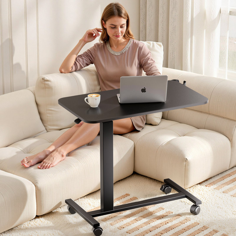 Adjustable Overbed Bedside Table With Lockable Wheels, Pneumatic Mobile Standing Laptop Desk, Small Standing Desk Portable Rolling Overbed Table Hospital Home Use