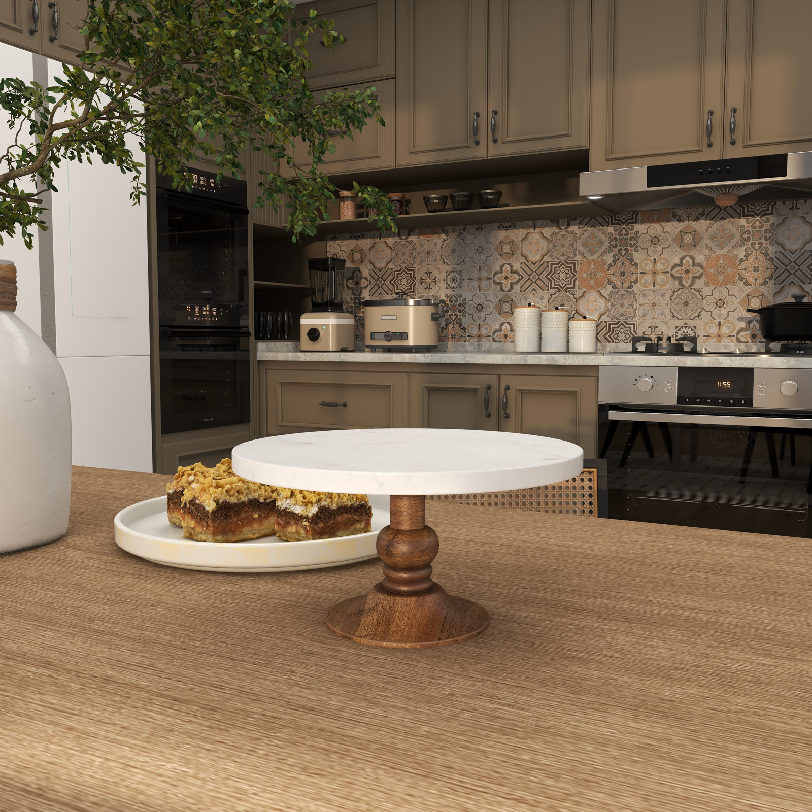 Mango Wood Decorative White Cake Stand with Wood Base