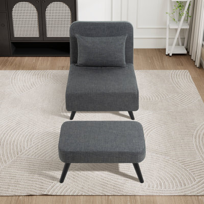 Modern Foldable Chaise Lounge - Linen Upholstered Armless Sofa With Matching Ottoman & Throw Pillow, Convertible Sleeper