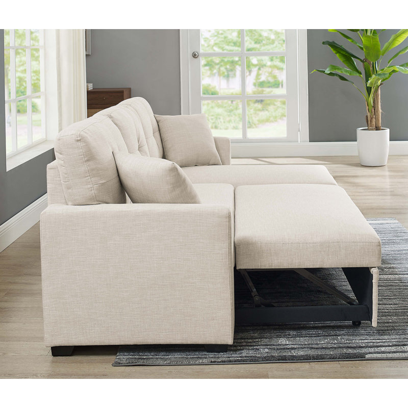 Canapé modulaire 76,5 po en mélange de lin avec lit escamotable et rangement pour chaise longue, Mélange de lin amande