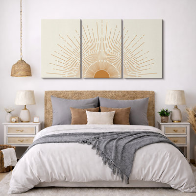 Bright Mid-Century Modern Orange Minimal Sun ShineArt Boho Decor Framed Canvas 3 Pieces Print Set