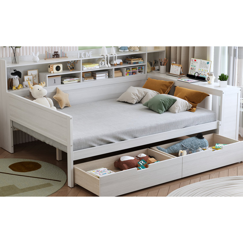 Wooden Daybed With Spacious Shelf Compartments And Studying Desk, Antique White Full Size Practical Storage Setup