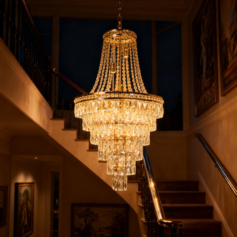 Lustre en cristal 20,86 pouces doré à 6 niveaux - longueur réglable / base E14 / interrupteur mural