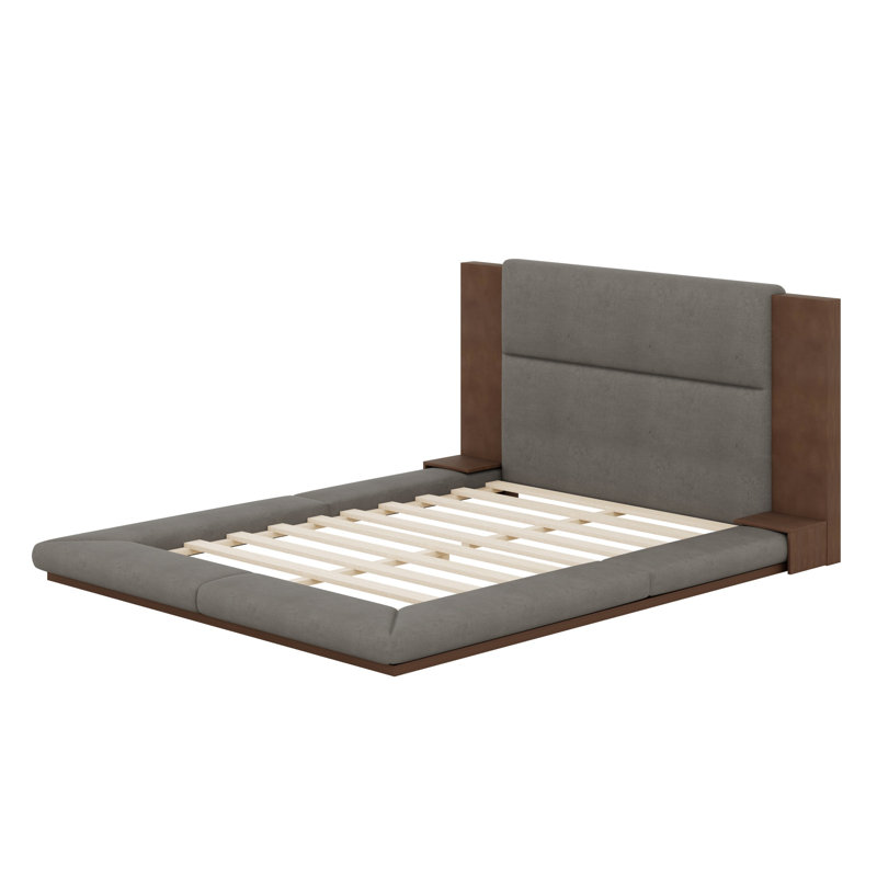 Lit plateforme tapissier avec tablette de chevet, Grand lit