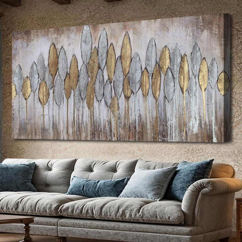 Beige Neutral Wall Art Living Room, Minimalist Wall Art, Large Abstract Leaf Textured Painting, Modern Picture Artwork Framed For Bedroom Dining Room Office Home Decor 48"X24"