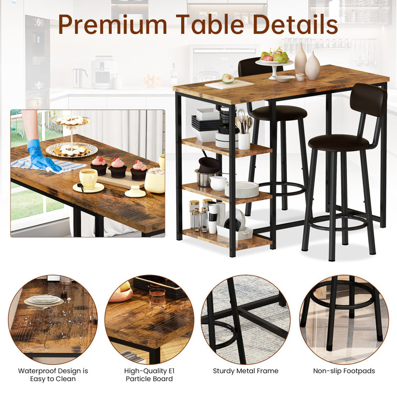 Kitchen Dining Table Set For 2,  Bar Table And Chairs Set With 3 Storage Shelves, Counter Height Pub Table With 2 PU Leather Upholstered Backrest Bar Stools For Small Space, Kitchen Island, Dining Room, Bar