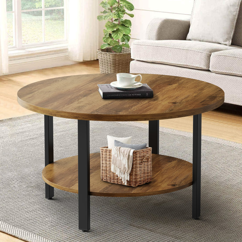 Lucylla Single Round Coffee Table with 2-Tier Storage, Rustic Oak