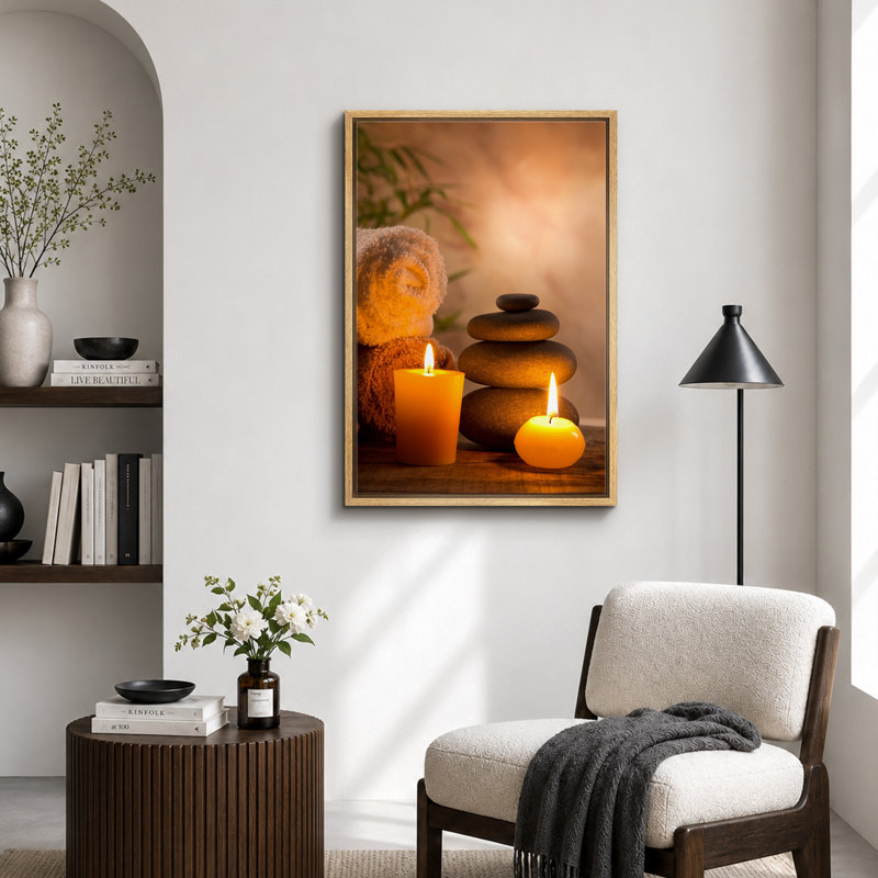 «Zen Stones Massage Spa with Warm Burning Candle», impression verticale sur toile, art mural, H 24 po x l 16 po