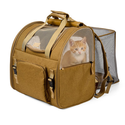 Sac à dos extensible et respirant en maille pour chats pour petits chiens jusqu'à 22 lb, sac de voyage en nylon doux et gris approuvé par la compagnie aérienne en gris et brun clair, sac à dos portable pour les promenades en plein air