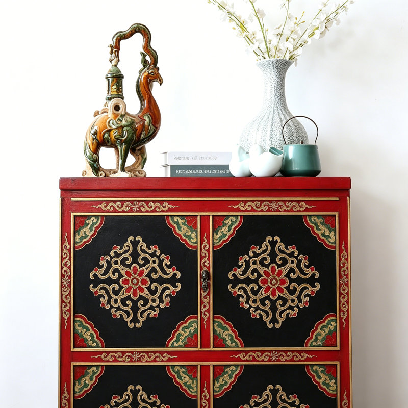 Vintage Distressed Hand-Painted Console Cabinet, Noir / Rouge, Rouge