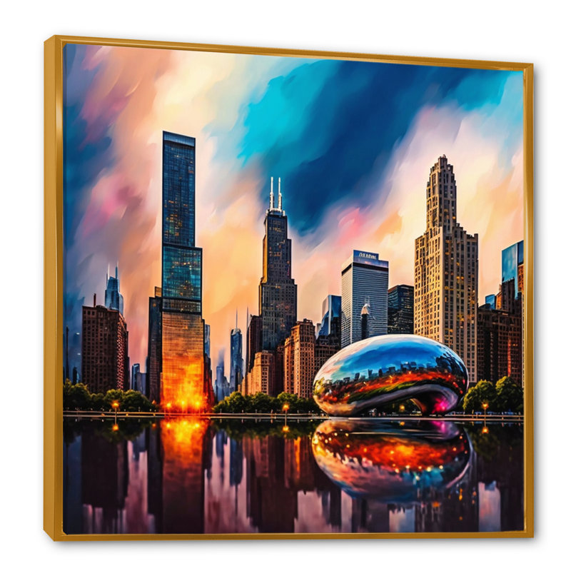 Chicago City Architecture II - impression sur toile, H 36 po x l 36 po x P 1 po, Toile avec cadre flottant or