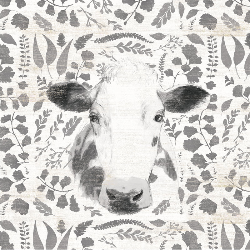 Autumn Leaves Cow Grey Distre - Wrapped Canvas Painting, 30cm H x 30cm W x 3.8cm D