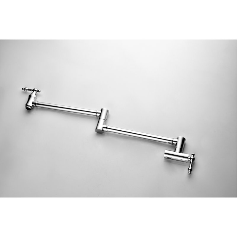 Wall Mount Pot Filler Faucet - Brass, Arm For Easy Filling, Double Handles Smooth Water Control, Fingerprint Finish - Reach To Pots, Precise Discharge Coating