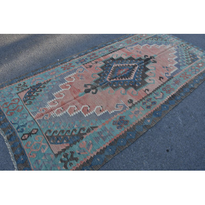 Traditional Turkish Oushak Kilim Rug with Bohemian and Geometric Designs in Pale Colors Blue/Orange