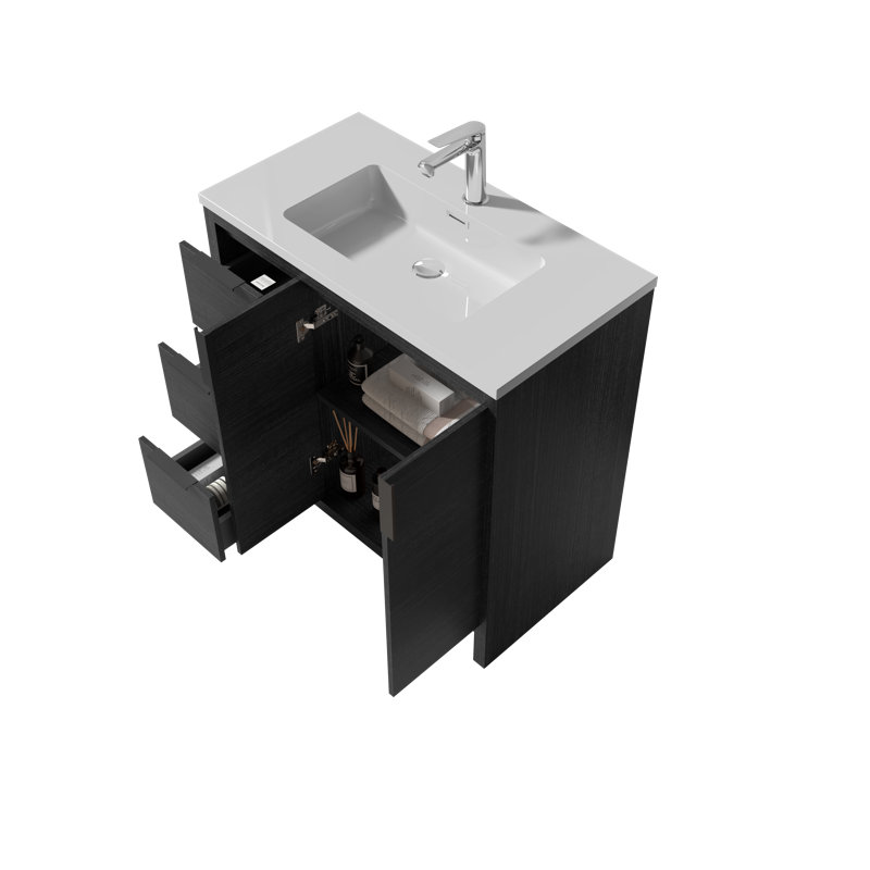 Meuble-lavabo simple 36 po avec plateau en résine blanc brillant, 3 tiroirs, 2 portes Modern pour petite salle de bain