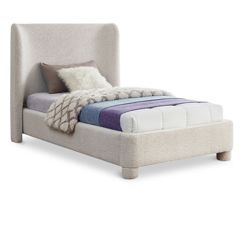 Ivyann Upholstered Unfinished Wingback Bed, Twin, Cream Boucle Fabric