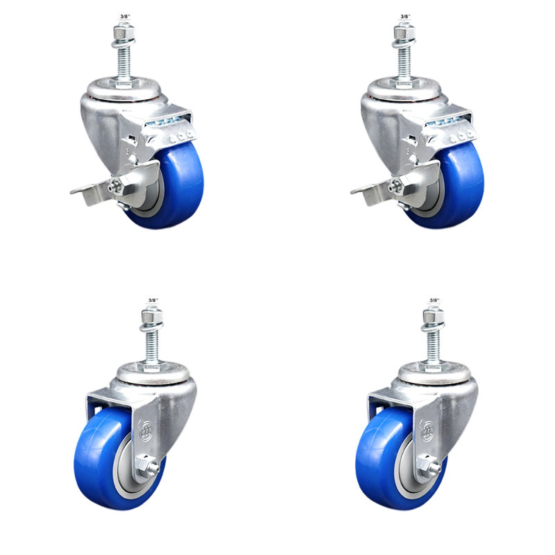 Ensemble de roulettes à tige filetée en polyuréthane pivotant de 3 pouces de 3/8 pouce et 2 freins