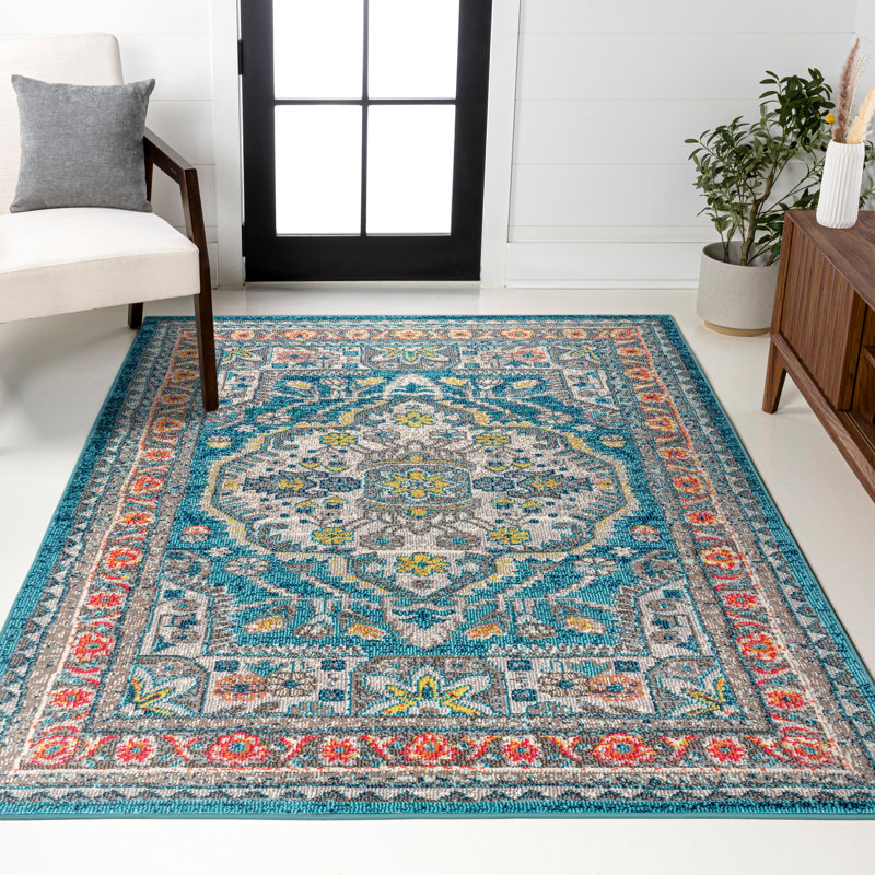 Lathan Bohemian FLAIR Boho Vintage Medallion Blue/Yellow Rug, Rectangle 3' x 5'