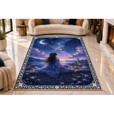 Tapis « ultra-fin » 152 x 213 cm (5 pi x 7 pi) représentant une femme contemplant les étoiles sur une falaise rocheuse, idéal pour la chambre, le salon et le bureau à domicile. Moquette douce à poils courts avec envers antidérapant en silicone.
