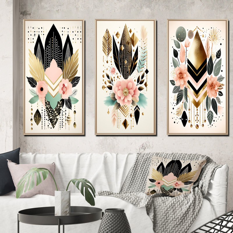 «Boho Chic Floral Geometric Retro Illustration III», 3 pièces sur toile, Cadre naturel flottant, H 40 po x l 60 po