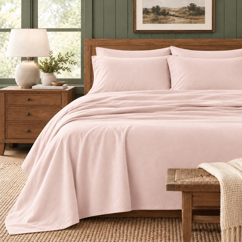 Ensemble de draps 100% flanelle de coton, Double avec 2 taies d'oreiller, Uni ‑ rosé, rose