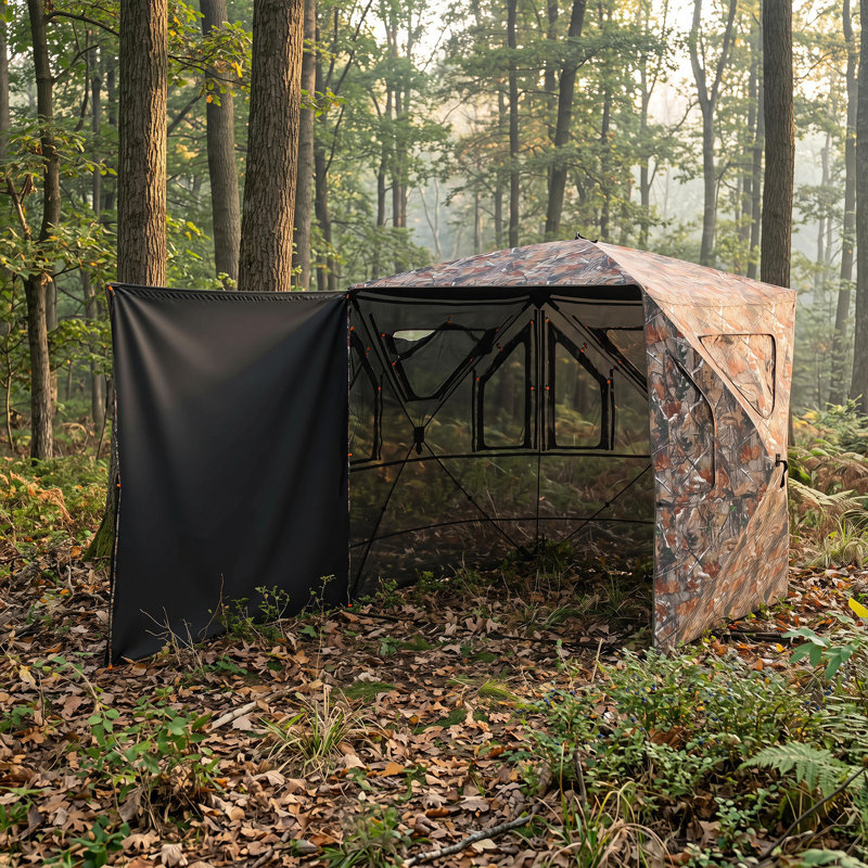 3–4 Person Pop-Up Hunting Blind Tent with 360° See-Through Panels, Camo Ground Blind with Corner Door, Portable Hunting Shelter
