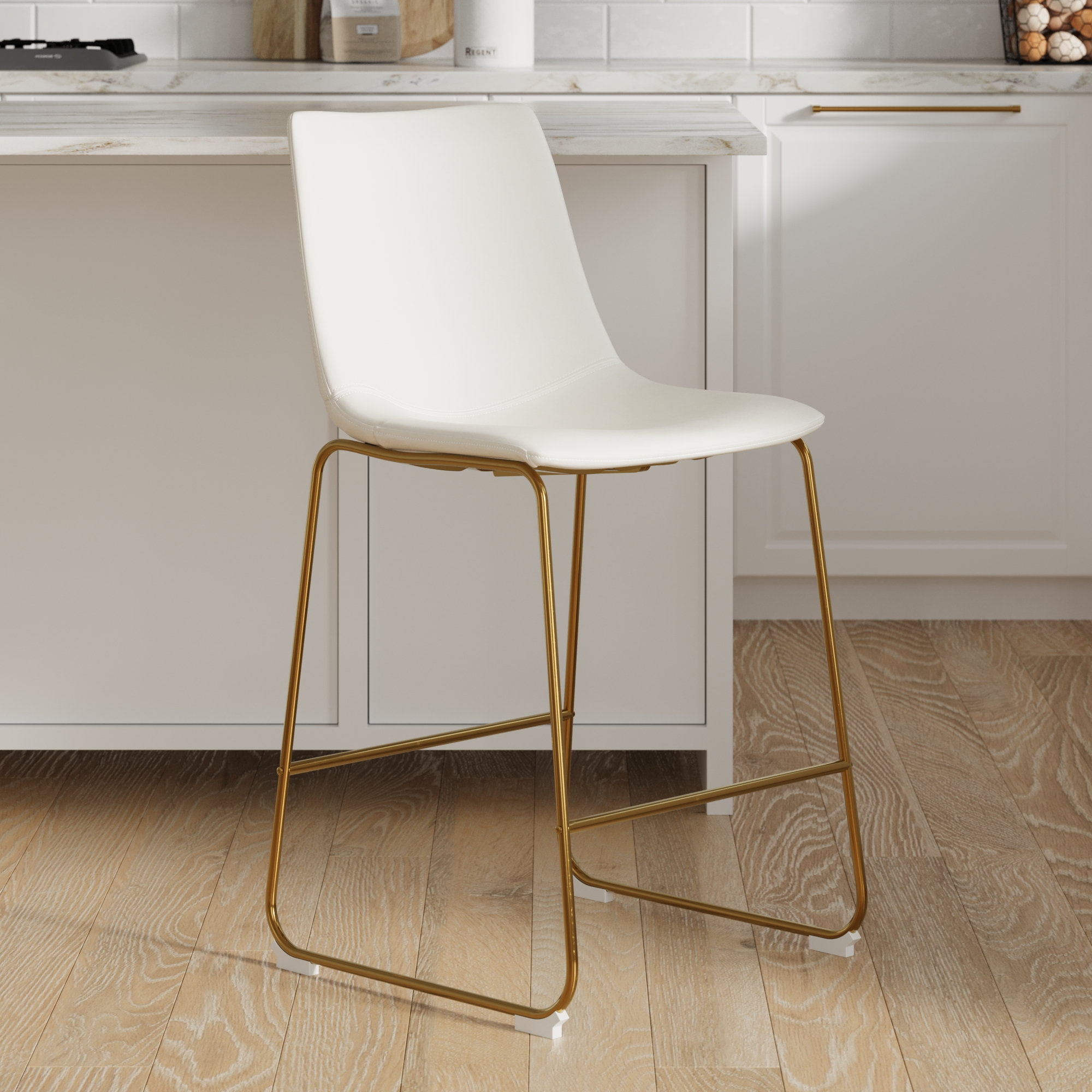 Nia Vegan Leather Bar & Counter Stool, Vintage Cream, Counter Stool (24" Seat Height), Gold
