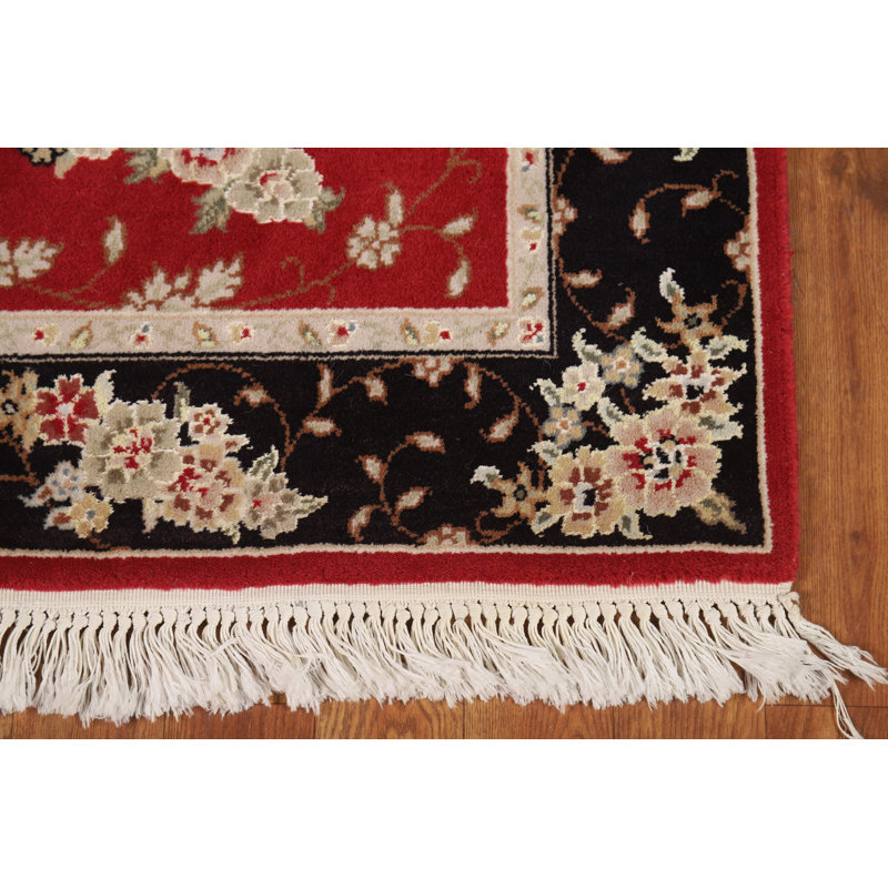 Tapis chinois traditionnel en laine et soie à motif floral rouge 2x8