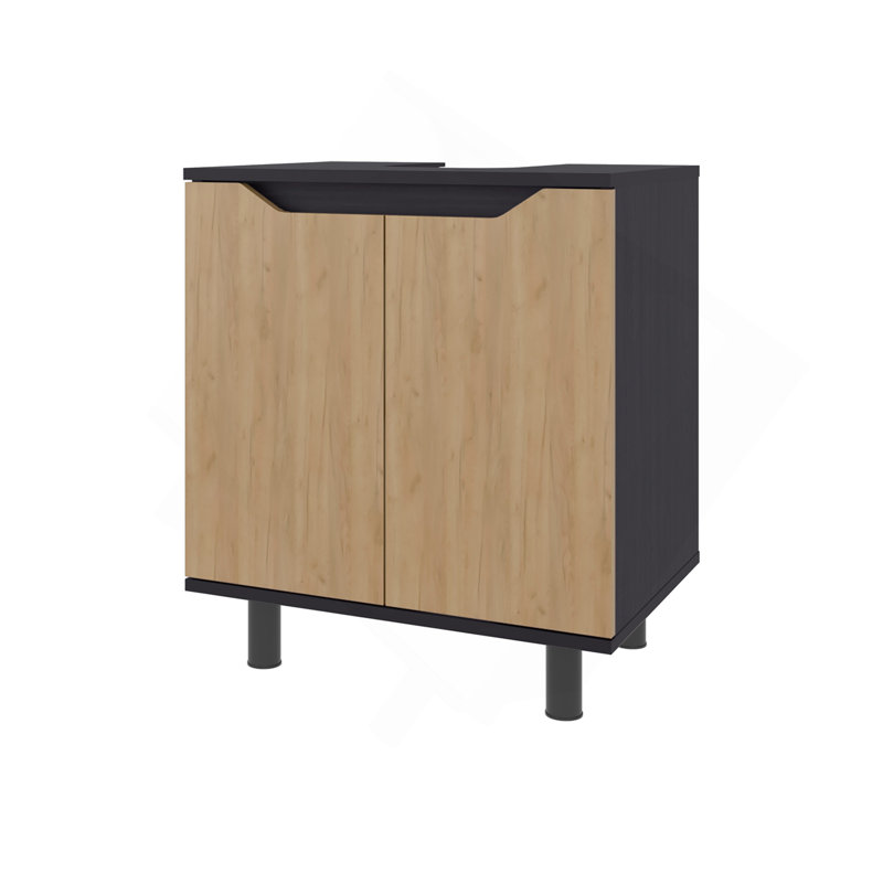 Jerome Under Sink Storage Cabinet With Double Doors And Adjustable Shelves, Natural Oak And Black, Multicolor