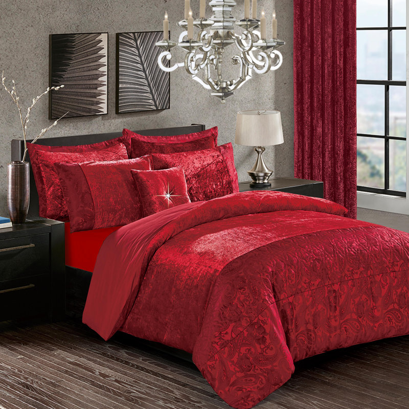 Santiago 3 Piece Crushed Velvet Duvet Cover Set Ultra Soft Luxurious and Easy Care Bedding, Burgundy