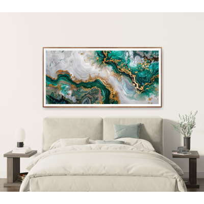 Abstract Geode Wall Art Print or Canvas, Emerald And Gold Marble Shape Decor