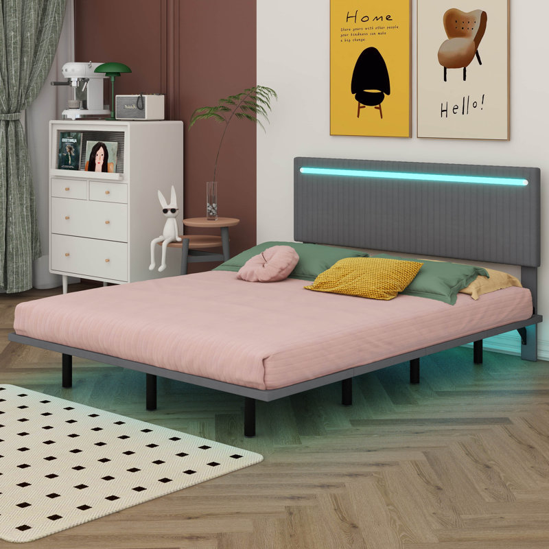 Floating Bed With Sensor LED Lights And Height-Adjustable Headboard, Vertical Channel Design, Queen, Gray