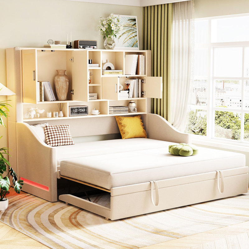 Lit de jour simple beige, rembourré avec lumières d'accoudoirs à DEL, armoires de rangement, lit gigogne escamotable, confortable pour accueillir des invités Lit de jour de taille beige, douces nuits douillettes