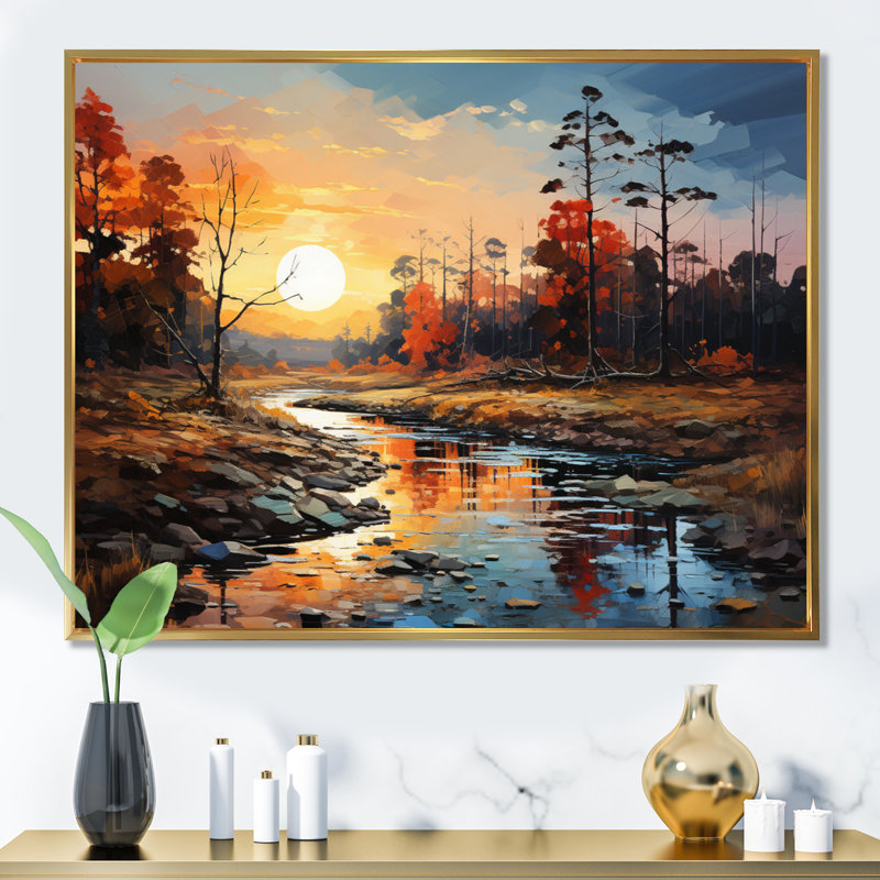 Yellow Neoexpressionism Primal Forest - Landscapes Wall Art Living Room, H 24 po x l 32 po x P 1 po, Cadre flottant doré