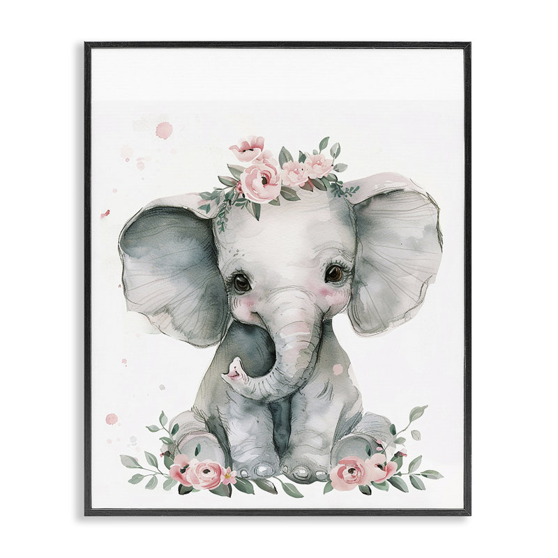  Pépinière, éléphant floral, estampe numérique par LSR Design Studio, H 14 po x l 11 po, Giclée encadrée noir minuit