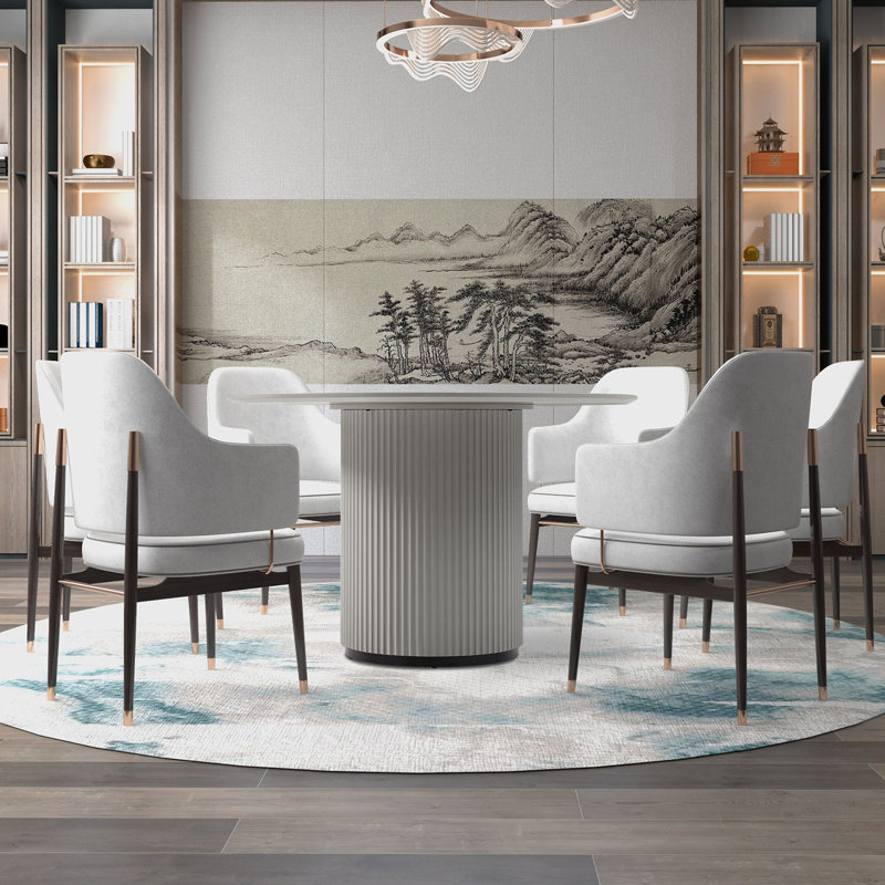 Anae Round Dining Table Pedestal Table with MDF Handcraft Oak Veneer Top for Dining Room, Gray, 29.5"H x 47.24"L x 47.24"W