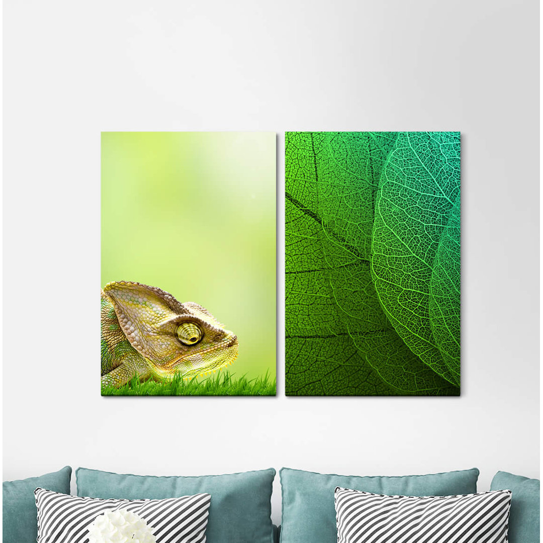 2-tlg. Leinwandbilder-Set - Grafikdruck „Chameleon Green Plant Fresh Leaves Exotic”