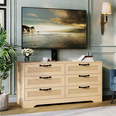 Meuble télé avec support, commode à 6 tiroirs moderne en rotin pour salon 47,2 po