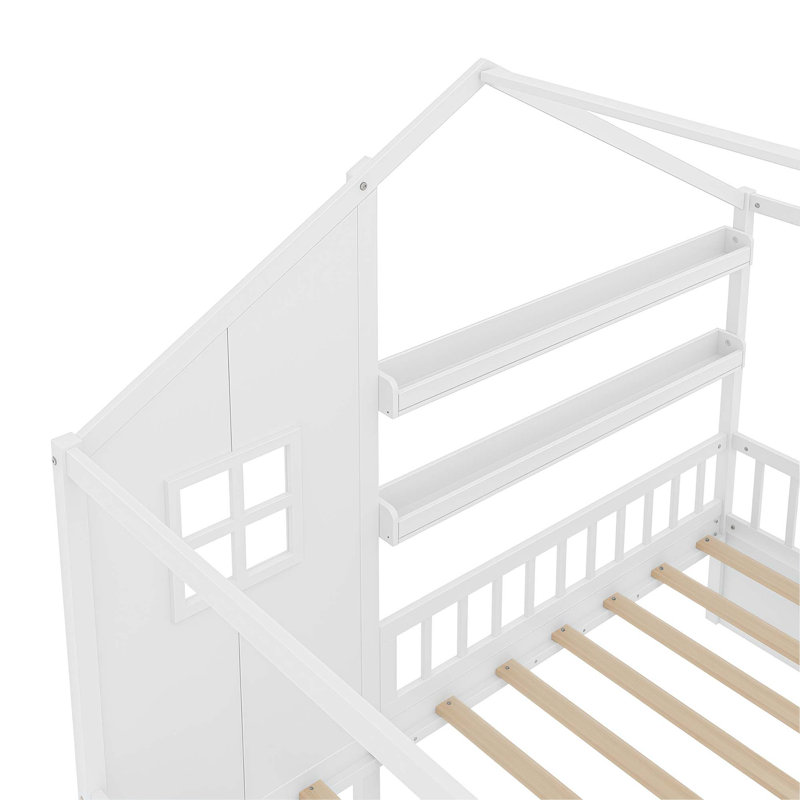 Structure de lit pour enfants avec garde-corps de sécurité et rangement sous le lit, White