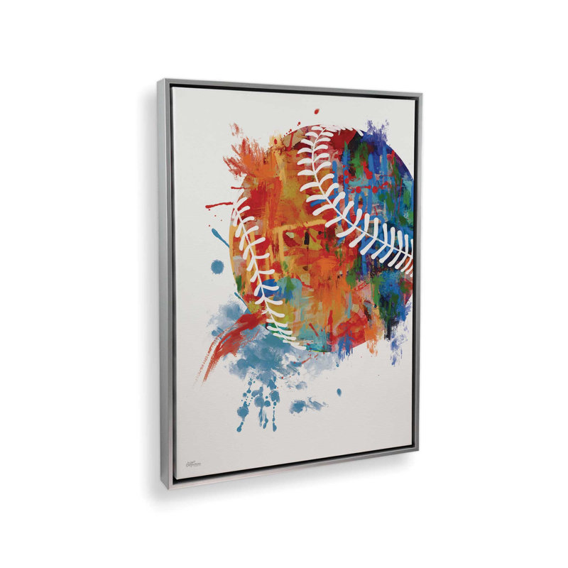 «Baseball Splash» par Cat Thurman Designs, reproduction d'art, L 24 po x H 32 po, Silver, Toile avec cadre