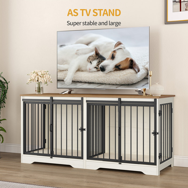 Dog Crate Furniture for 2 Dogs, 136 cm Double Dog Crate with Divider and Barn Door, Wooden Indoor Kennel TV Stand for Medium Small Dogs, 136 x 49 x 64.5 cm, White Brown 