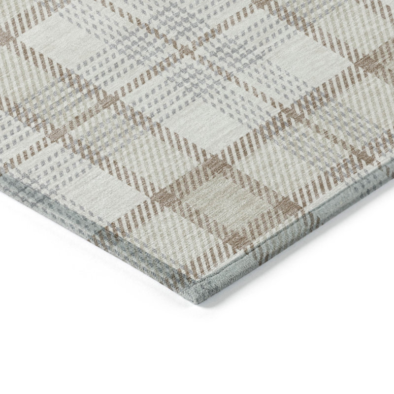 Ivory and Beige Plaid Machine Washable Indoor/Outdoor Rug