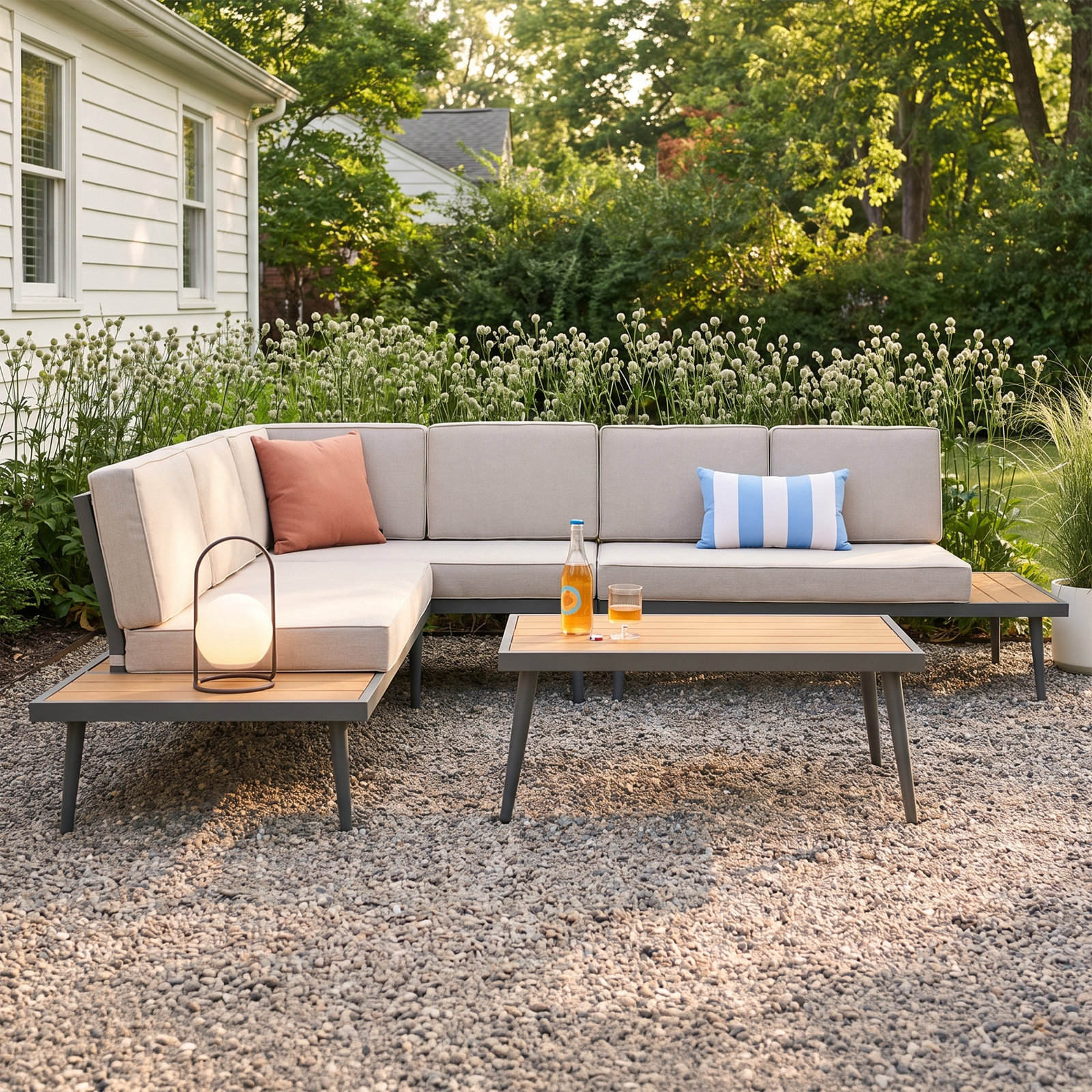 Gherlein 5-Person Acacia Patio Seating Group, Light Grey