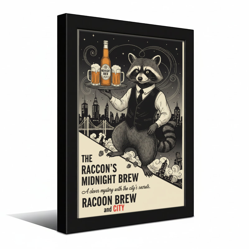 Aliments et boissons - Raton laveur en costume tenant un plateau à bière, H 24 po x l 16 po, Toile tendue, Ne s’applique pas