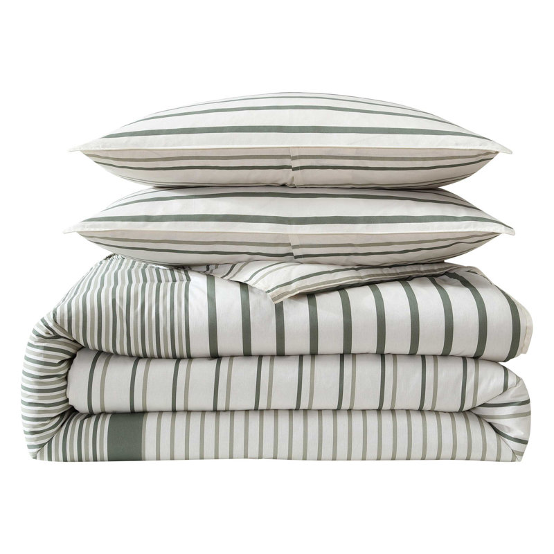 Eddie Bauer Cooper Stripe Cotton Reversible Comforter Set, King Comforter + 2 King Pillow Shams, Green Striped