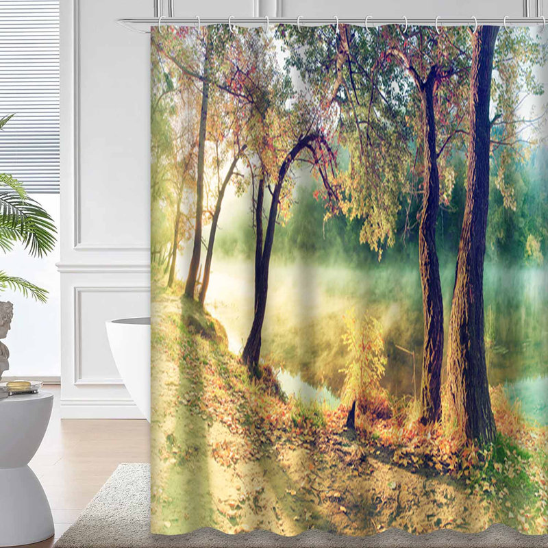 Rideau de douche Vintage Autumn River Fog Forest Landscape avec 12 crochets, L 72 po x l 84 po