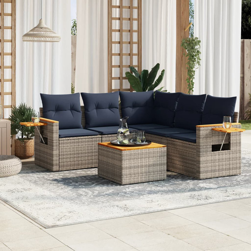  6 Piece Patio Sofa Set With Cushions Grey Poly Rattan (US Only)
