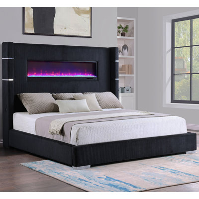 Judah Black Upholstered Queen Flame Visualizer Bed